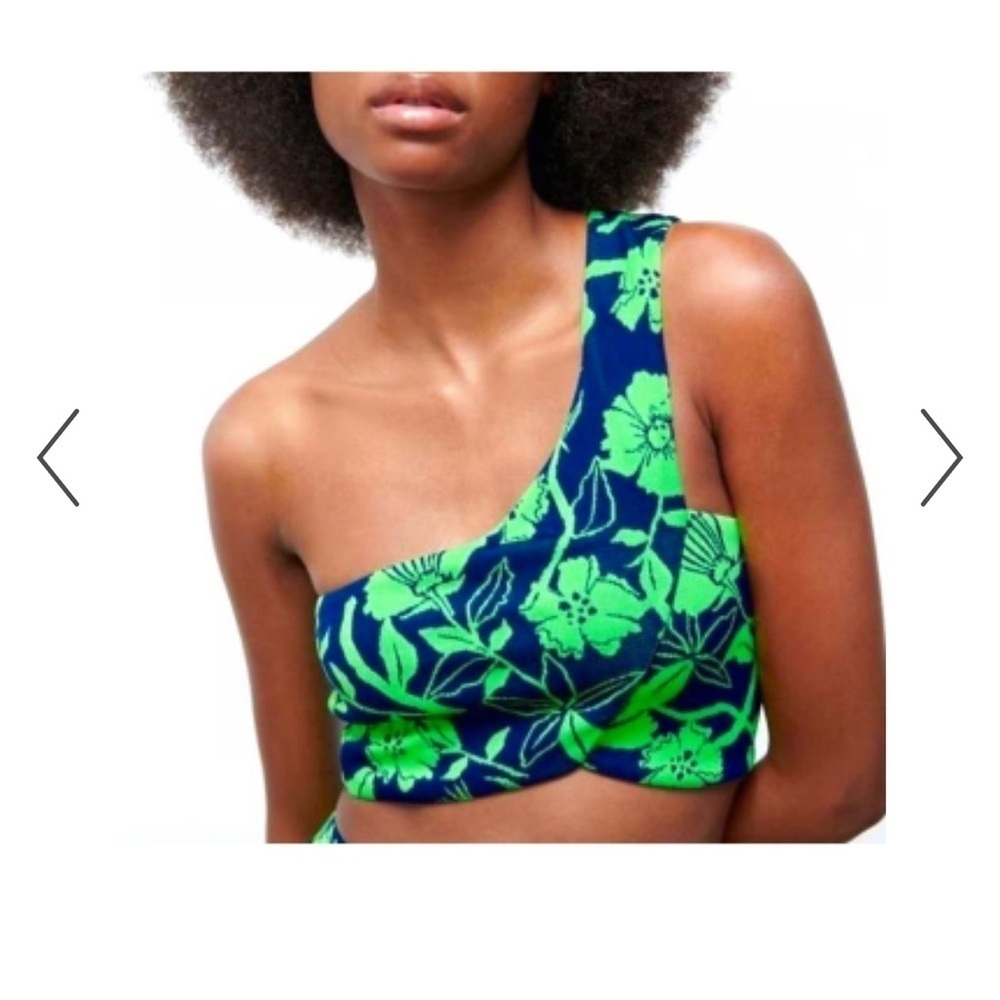 ZARA One Shoulder Crop Top M Green Navy Floral Tropical Knit Stretch NWOT